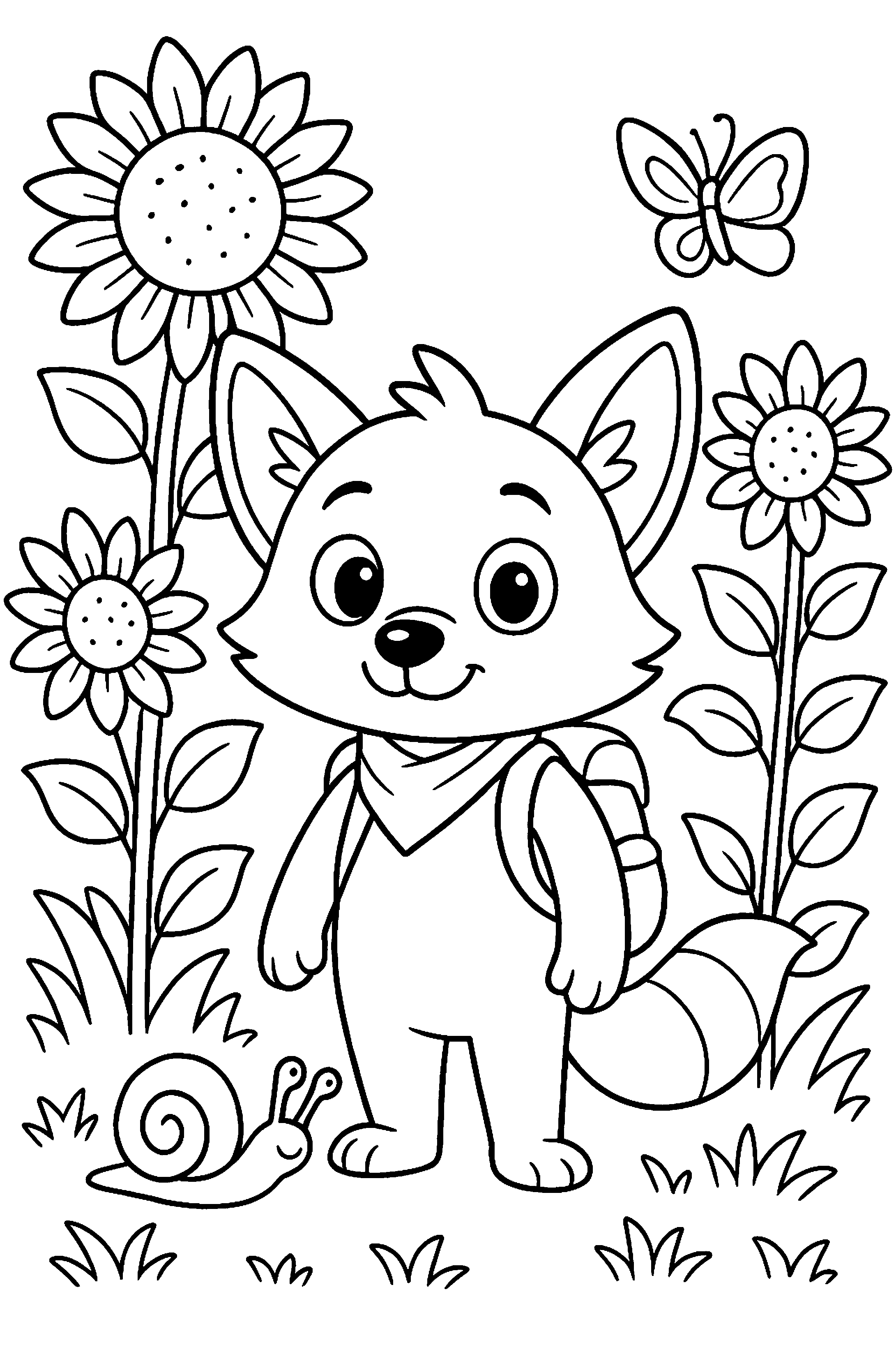Example colouring page: Pip the fox among sunflowers
